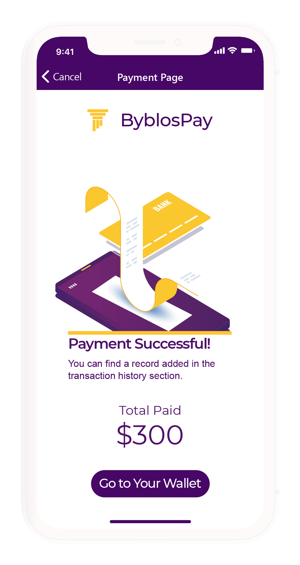 The UI design of the screen notifying the users that a payment was successful, clearly showing to the user exactly how much has been paid in the transaction process
